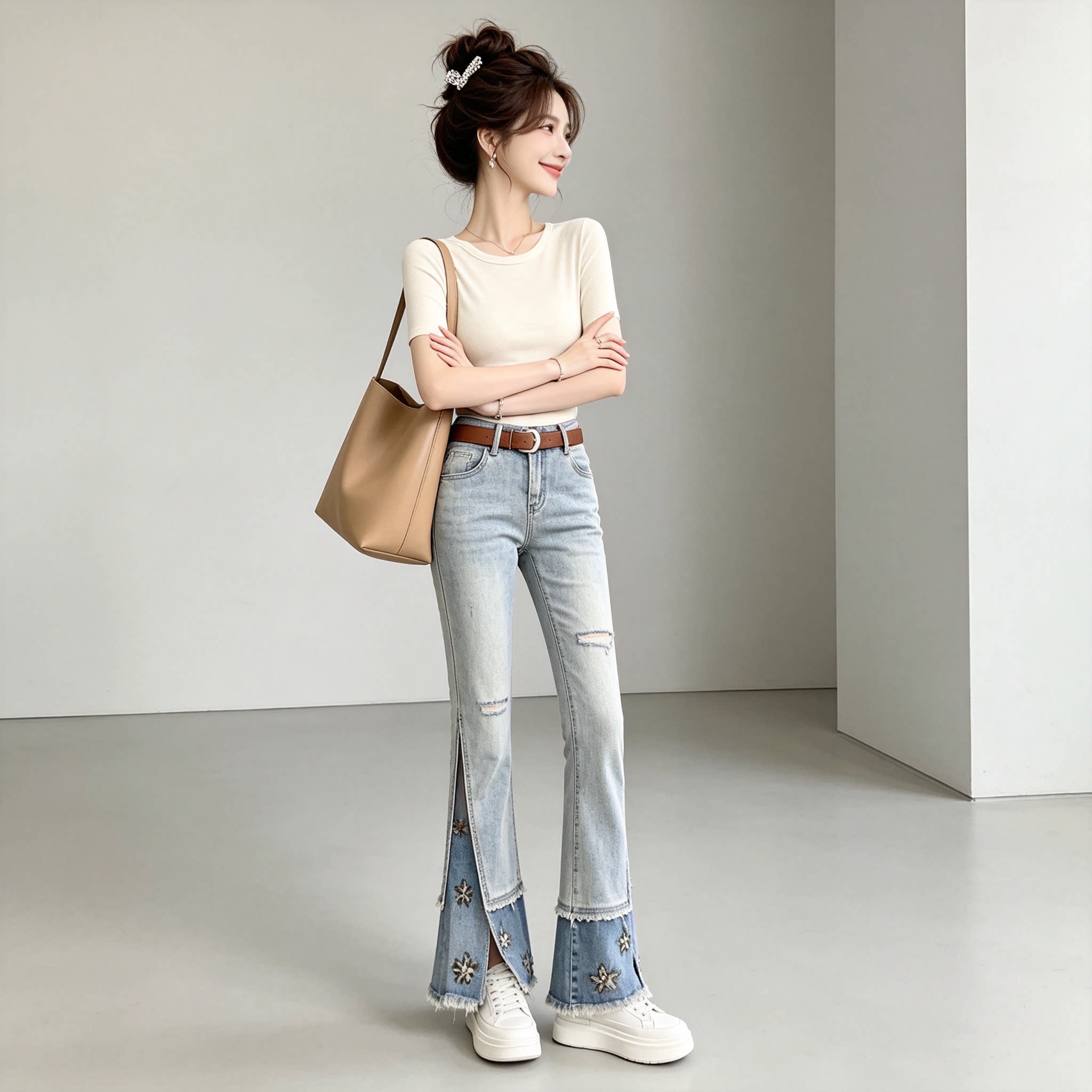 原创定制时尚新款高腰显瘦直筒牛仔喇叭裤女洋气修身百搭九分裤潮