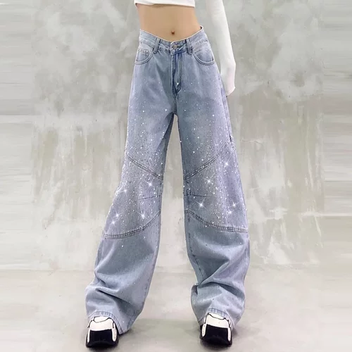 片人直筒重工满钻宽松高腰牛仔裤
