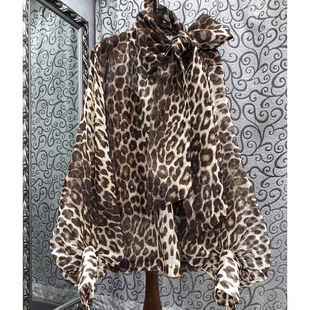 澳洲小众设计秋季新款丝麻系带豹纹灯笼袖上衣女宽松蝴蝶结雪纺衫