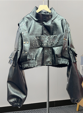 2024新款设计朋克PU机车服皮衣外套女春秋季新款宽松工装短夹克潮