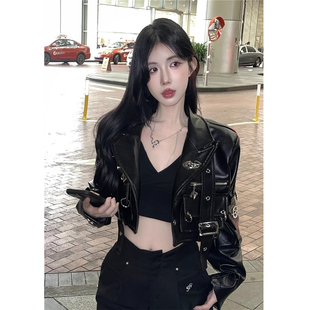 早秋季 上衣PU皮衣拉链立体口袋外套女潮 重工设计感辣妹机车服短款