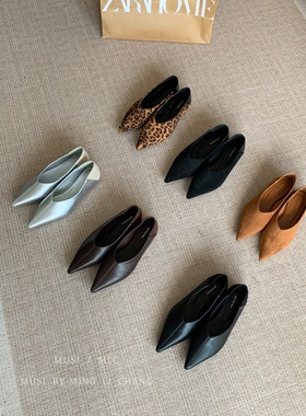 MUSI复古风尖头深口显瘦一脚蹬单鞋春秋新款内增高百搭通勤懒人鞋