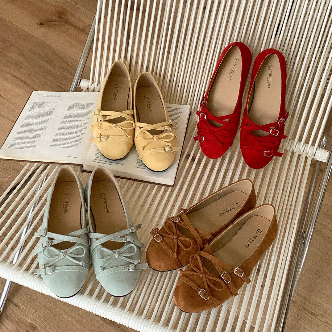 繁花上脚平底绒面红色玛丽珍鞋女鞋子2026春新款蝴蝶结一字带单鞋