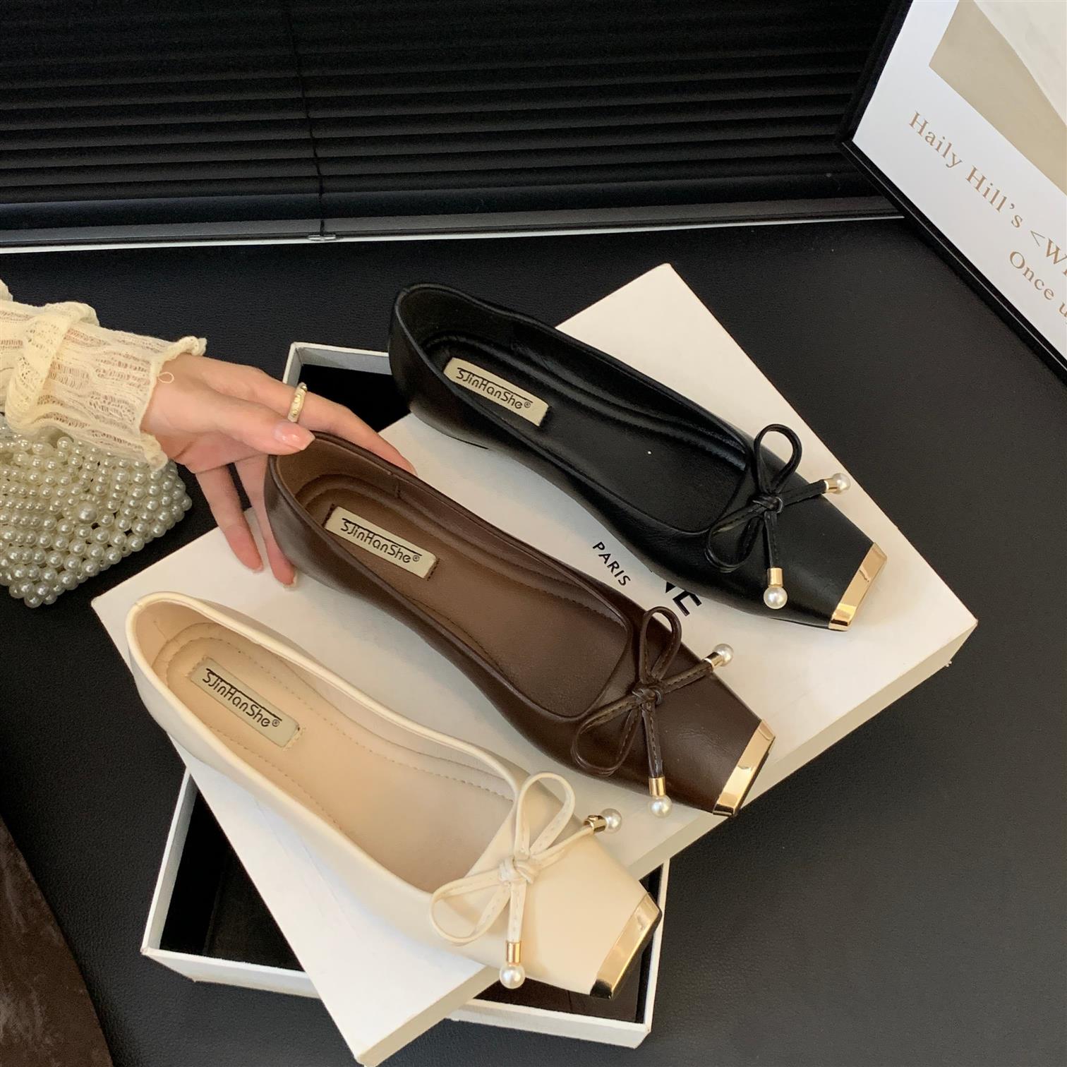 百搭铁头浅口单鞋娜娜家新款内增高女瓢鞋高级感小香风蝴蝶结船鞋