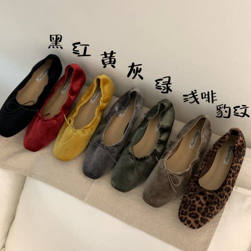 慵懒风~韩系复古丝绒蝴蝶结单鞋女春秋通勤百搭软底浅口温柔瓢鞋
