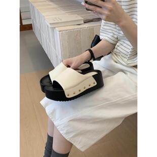 时尚 外穿新款 网红防滑绝美铆钉一字凉拖柳丁 女夏季 6CM超高跟拖鞋