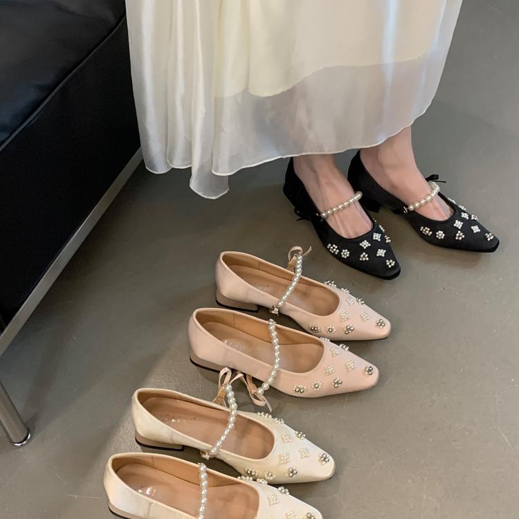 法式粗跟粉色珍珠配裙子单鞋女2025新款高级感气质仙女风玛丽珍鞋
