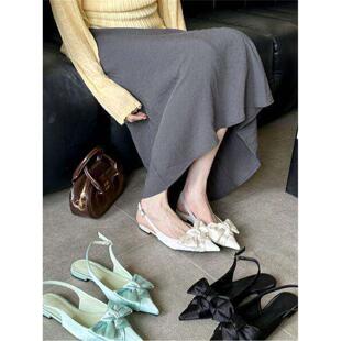 2026春夏季新款平跟鞋女浅口蝴蝶结绸缎面平底鞋尖头凉鞋浅口单鞋