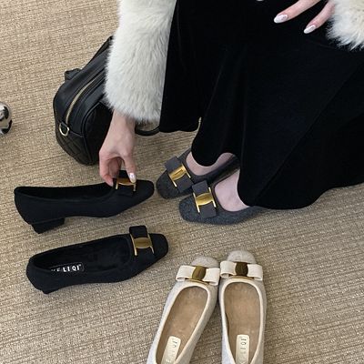 法式温柔风方头毛呢单鞋女2025冬水钻方扣毛毛鞋粗跟玛丽珍高跟鞋