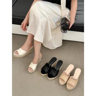 内增高草编凉鞋 真皮一字带鱼嘴拖鞋 女 防水台厚底时尚 坡跟超高跟鞋