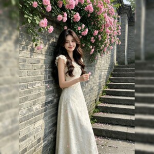 2026夏季新款森系温柔风V领连衣裙女肌理感蕾丝花边系带中长裙子