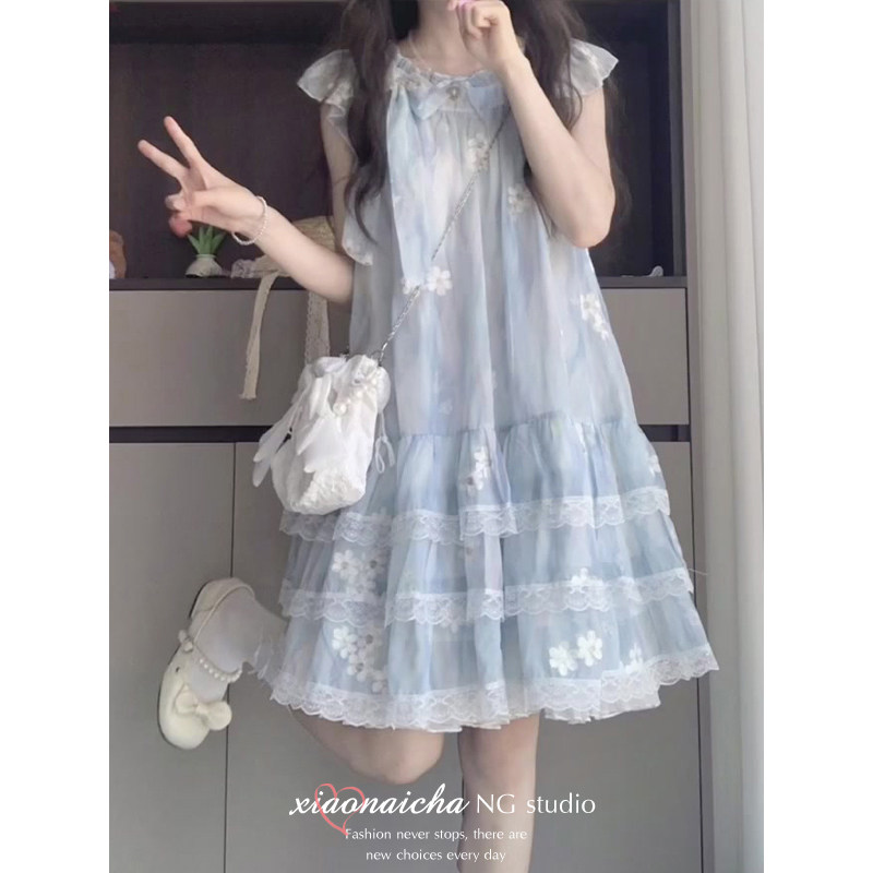 法式甜美风蓝色碎花短袖