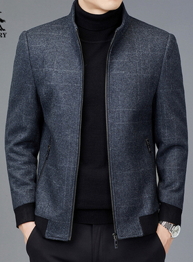 新款伦巴宝利娇男装短款夹克秋冬季夹棉休闲外套男士立领毛呢上衣