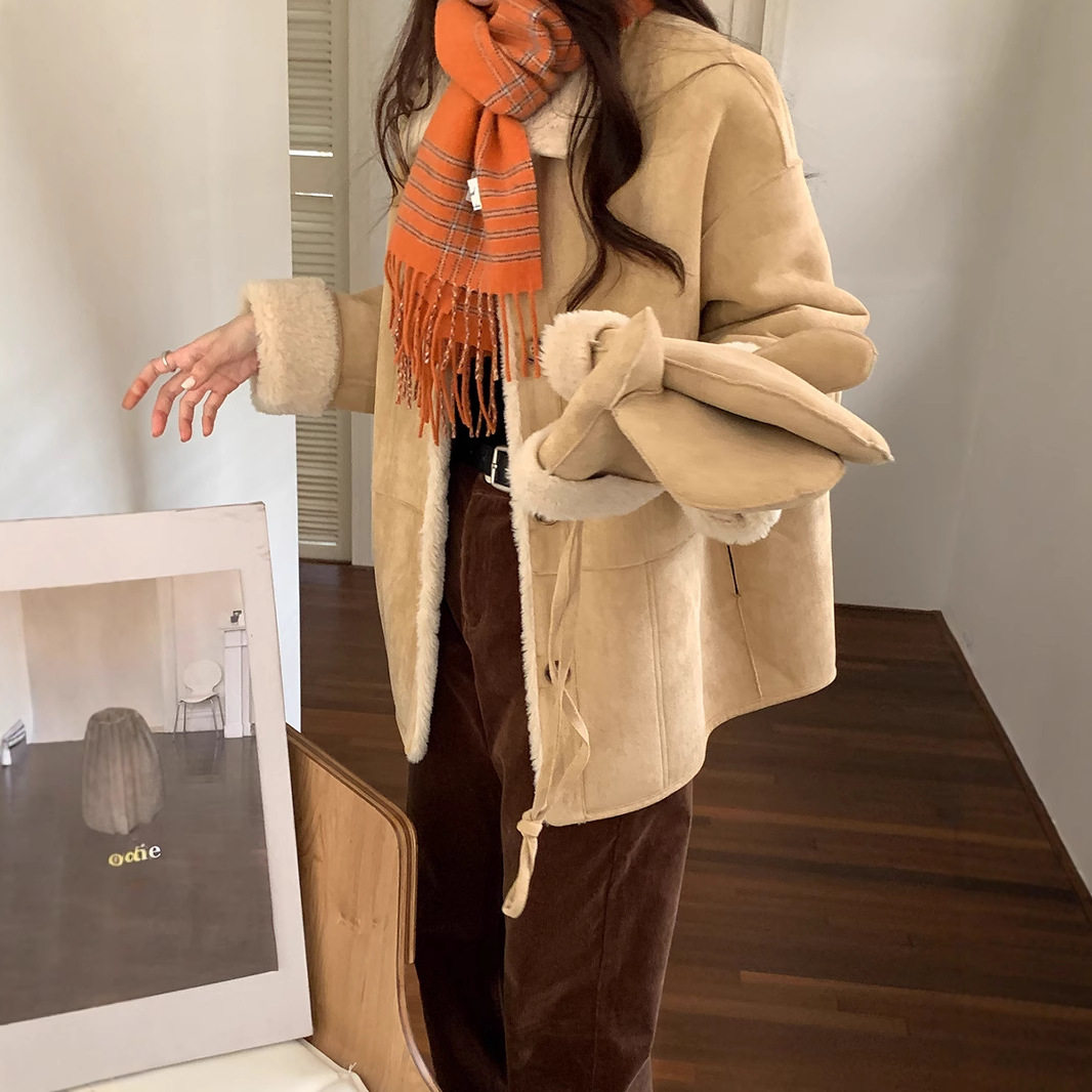 韩系双面穿皮毛一体羊羔毛外套女冬季新款宽松百搭中长款夹克大衣