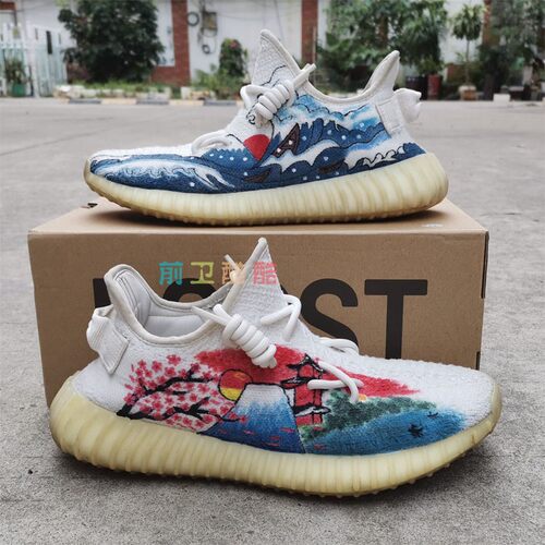 手绘球鞋定制纯白yeezy椰子鞋神奈川冲浪里富士山樱花diy涂鸦改色