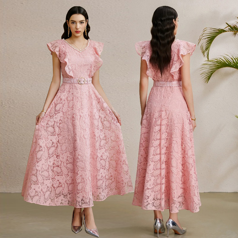 法式浪漫风V领蕾丝刺钉珠小飞袖收腰大摆长裙显瘦气质公主连衣裙