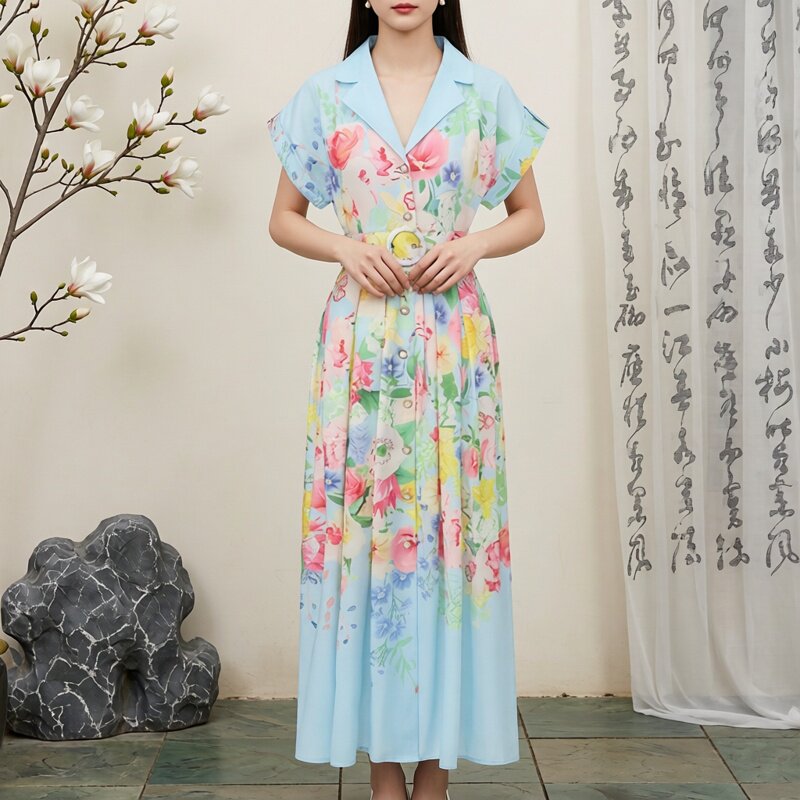 度假拍照好看的V领短袖碎花连衣裙女收腰系带长款度假风大摆裙女