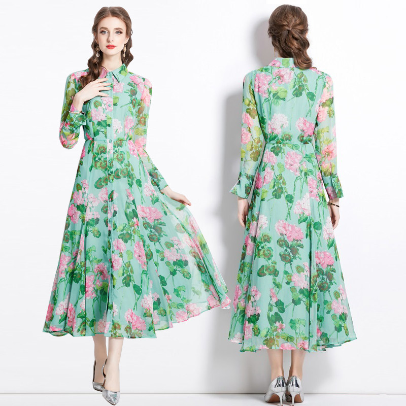 欧洲站明星名媛彩色碎花大码走秀礼服长裙文艺复古炸街衬衫连衣裙