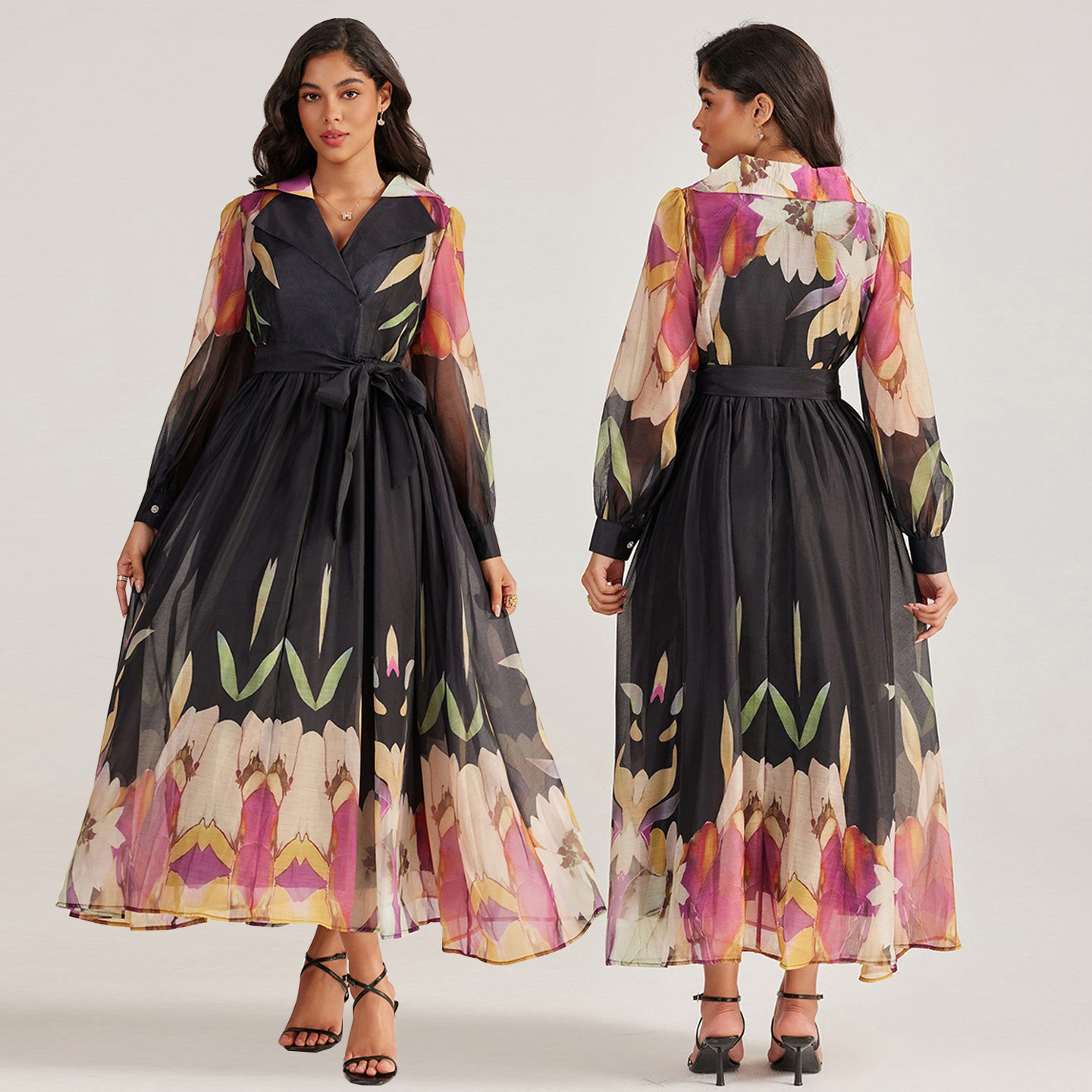 度假风长袖印花连衣裙欧式宫廷风时尚精致翻领系带收腰优雅长裙女