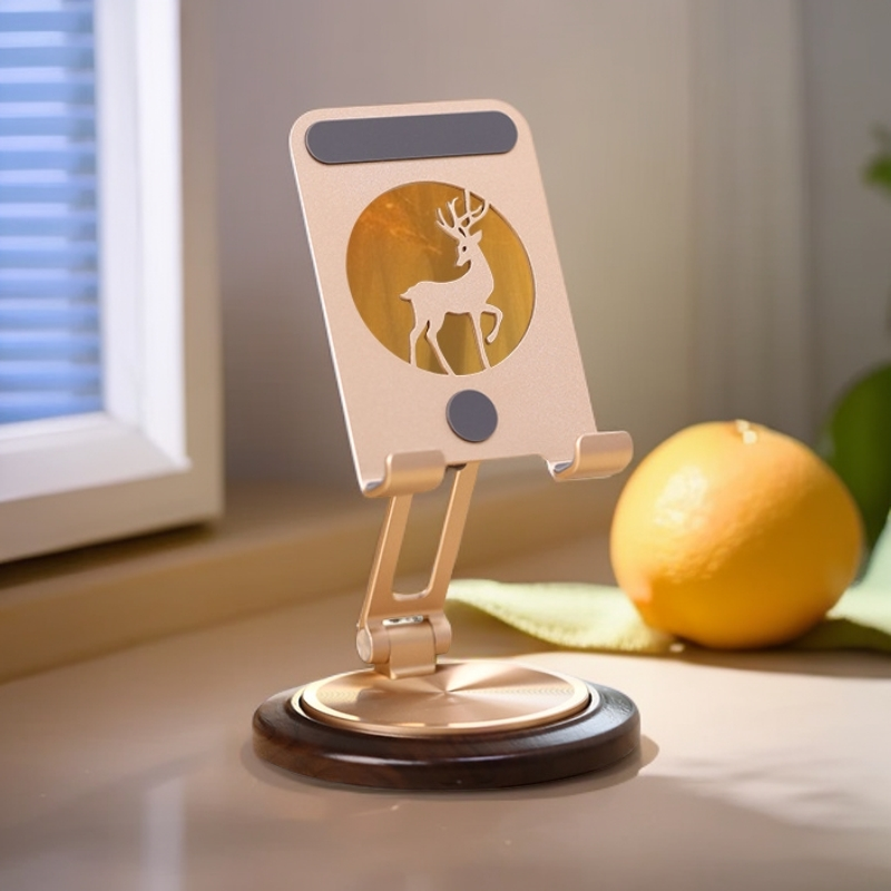 360度手机旋转支架桌面ipad平板懒人支撑架可便携折叠架子胡桃木
