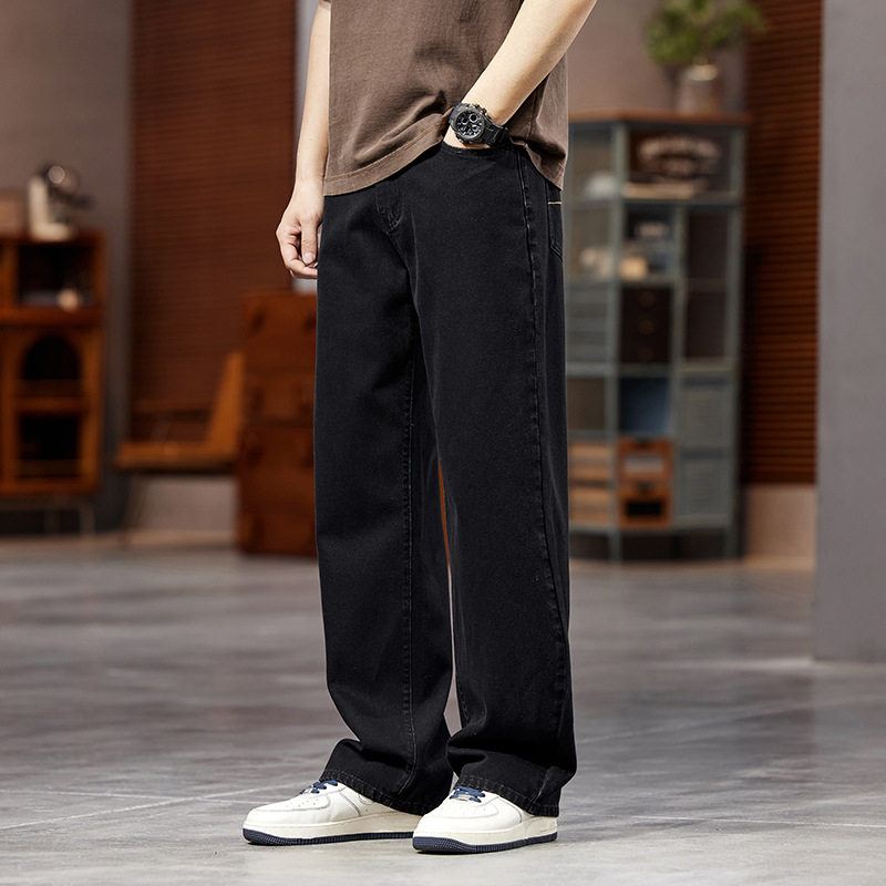 特大码男装胖子美式高街牛仔裤男加肥加大宽松直筒阔腿黑长裤春夏