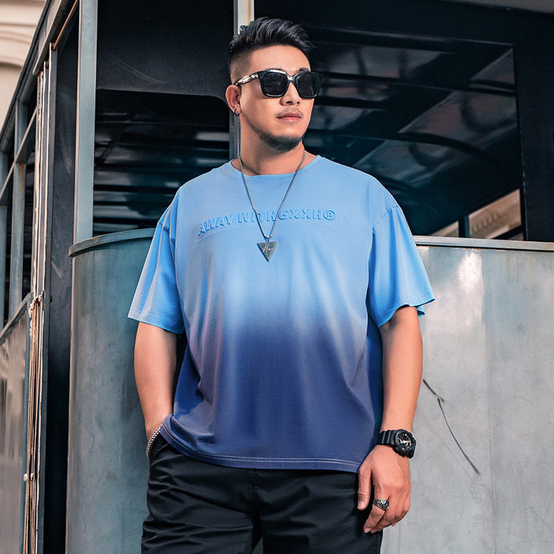 7XL胖子肥仔短袖T恤男加肥加大码渐变压花体恤宽松休闲圆领半袖潮