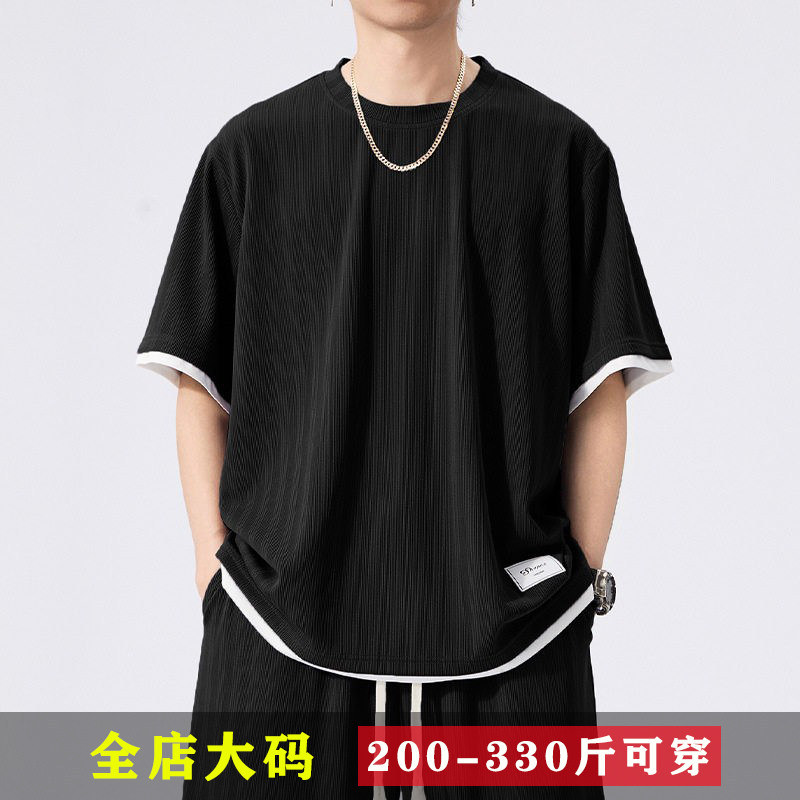 300斤6X胖子肥佬老钱风假两件短袖T恤男加肥加大码宽松半截袖上衣