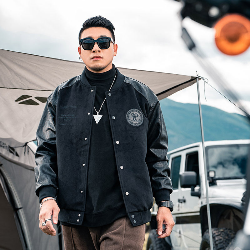 200斤180胖子男装美式立领夹克男大码加肥宽松夹棉棒球服外套秋冬