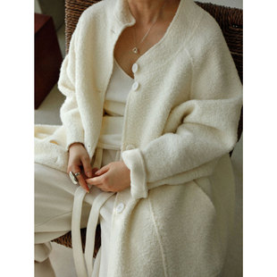 立领廓形外套女 苏丽羊驼圈圈绒白色羊毛大衣女中长款 1st编辑店