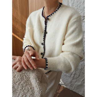 女秋冬高级感毛衣外套 北欧复古手工缝边白色针织开衫 1st编辑店