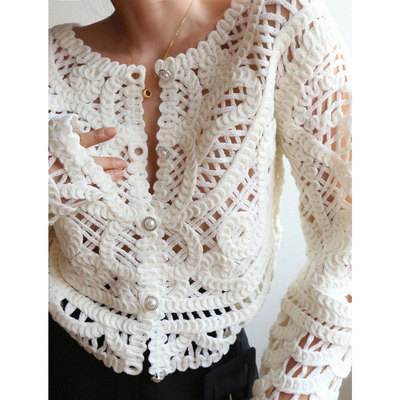 白色针织开衫钩花毛衣法式复古