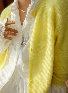 A'1st编辑店 秘鲁超柔马海毛黄色圆领针织开衫女慵懒百搭毛衣外套