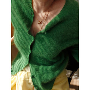 软糯羊绒拉毛绿色针织开衫 法式 女慵懒风叠穿内搭毛衣 1st编辑店