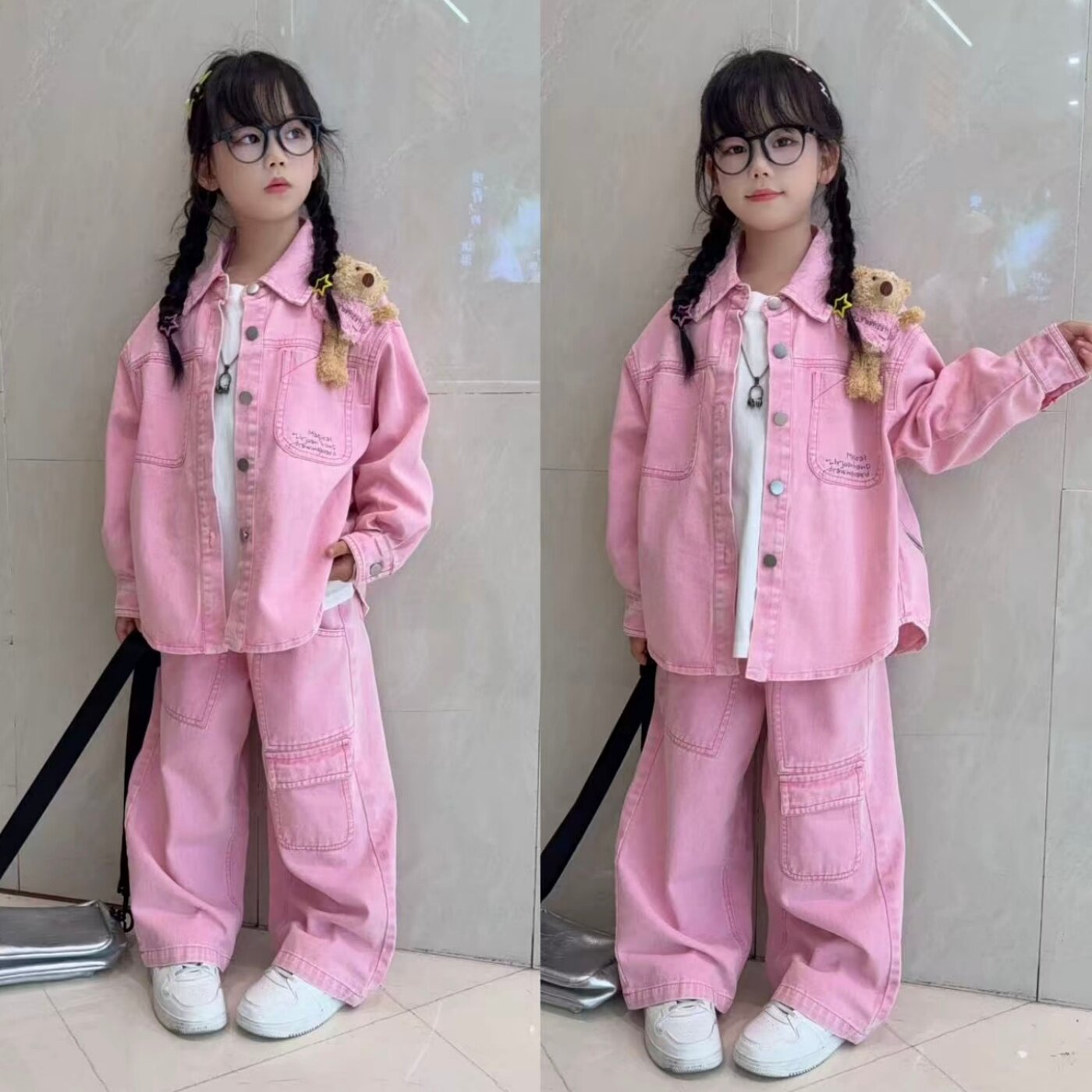 女童春秋牛仔套装2026新款洋气韩版儿童粉色衬衫工装阔腿裤两件套
