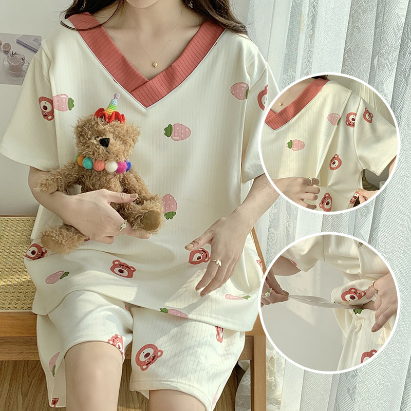 新款夏季大码莫代尔孕妇哺乳睡衣宽松月子服短袖产后喂奶套装夏天