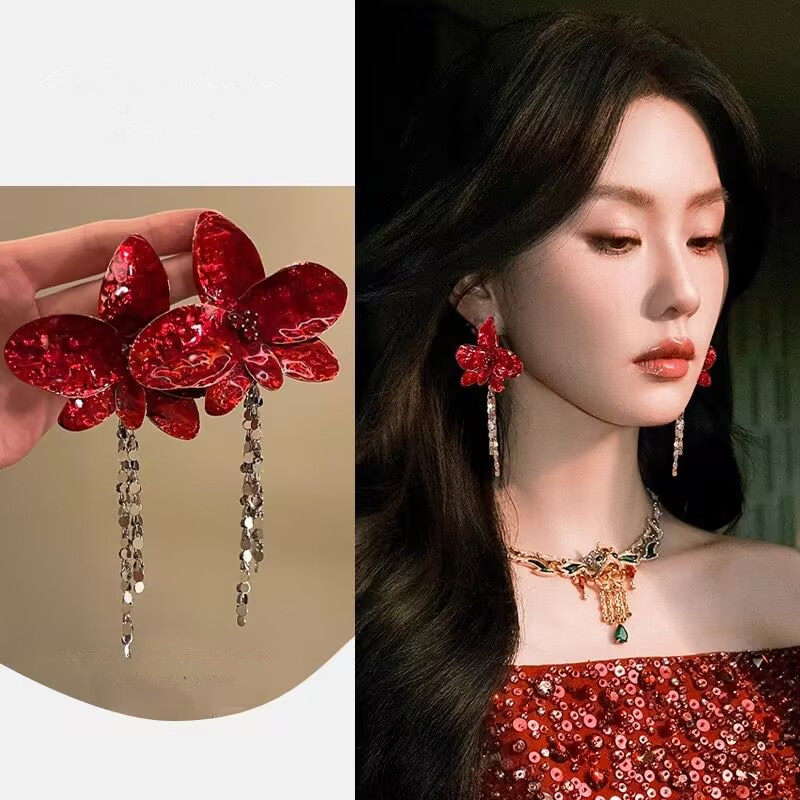 暗夜蔷薇~复古绝美夸张红色花朵耳环高级感轻奢耳钉女款超仙耳饰,饰品/流行首饰/时尚饰品新,耳环,淘宝优惠券,粉丝福利购,淘宝优惠卷