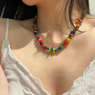 海边渡假风甜酷辣妹彩色贝壳碎石串珠项链民族风小众撞色锁骨链女