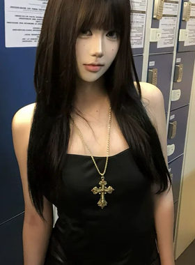 金色中古亚文化十字架水钻项链女