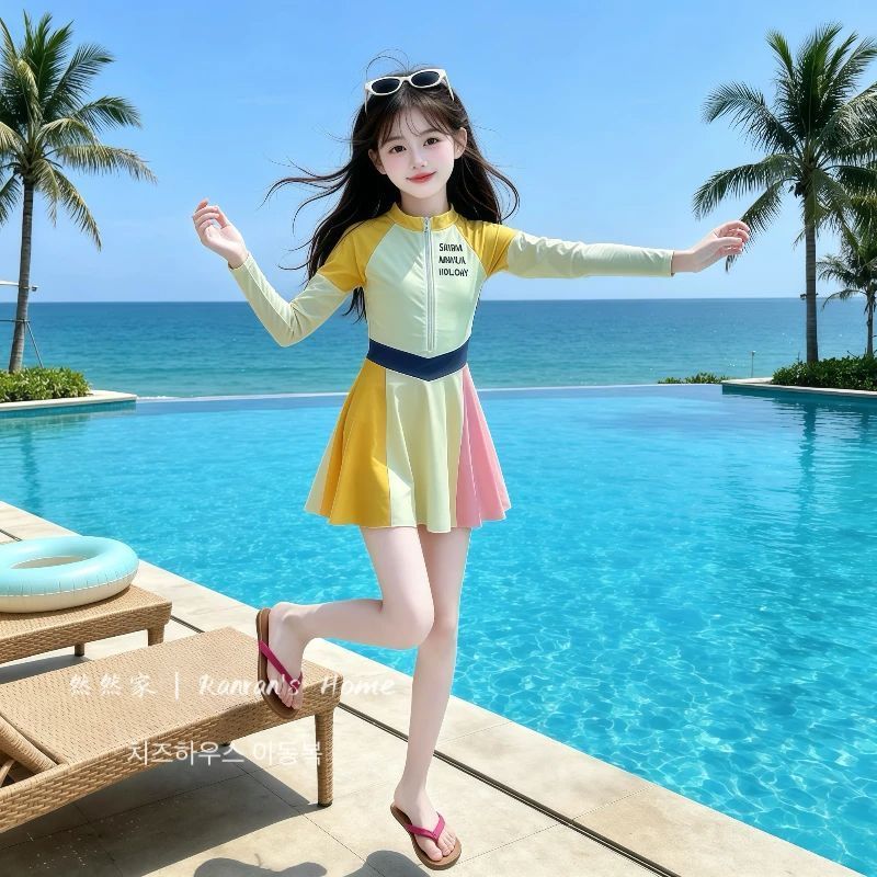 女大童连体裙式泳衣带胸垫新款图片