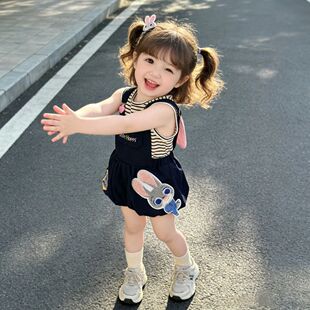 背带花苞裤两件套女宝洋气舒适百搭条纹T上下装女童夏季新款套装