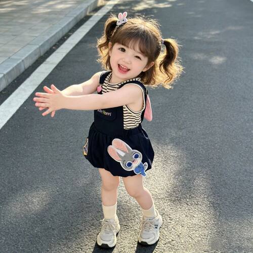 背带花苞裤两件套女宝百搭条纹