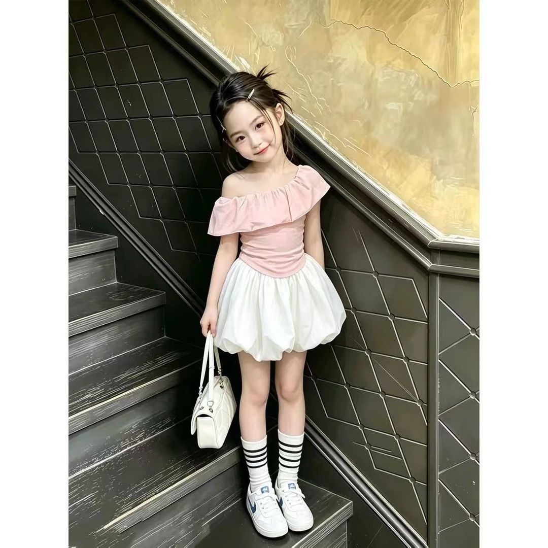 夏季女童韩系斜肩花苞短裙套装图片