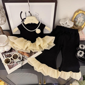套装 黑天鹅休闲木耳边喇叭九分裤 赠胸花项链 洋气新品 女童2026夏季
