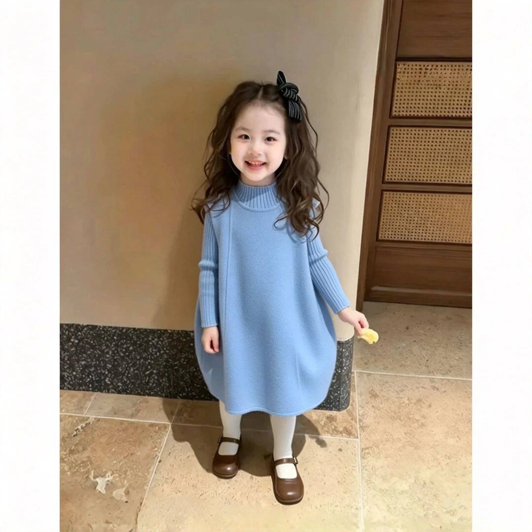 韩版女童连衣裙2026秋季新款巨好看女宝甜美蓝色背心裙加厚毛呢裙