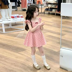 女童夏季甜美连衣裙2026新款粉色波点小飞袖背心裙小女孩收腰短裙