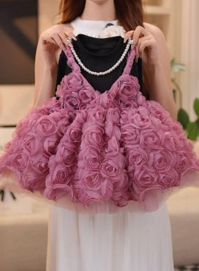 紫色玫瑰小众设计秋季新款女童蓬蓬软纱立体花朵公主连衣裙假两件