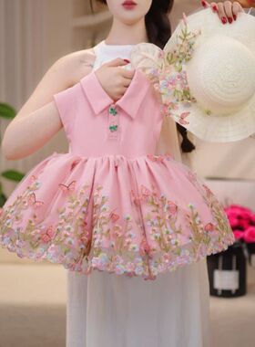 夏季女童新款连衣裙polo领无袖刺精致绣花朵蓬蓬甜美公主裙帽子