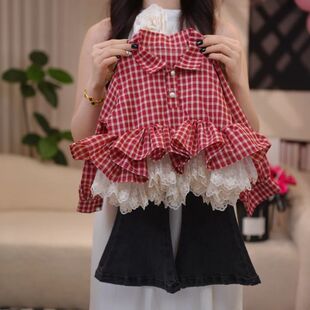 秋季新款衬衫花边下摆百搭上衣中小女童时尚潮流泡泡长袖韩版外套