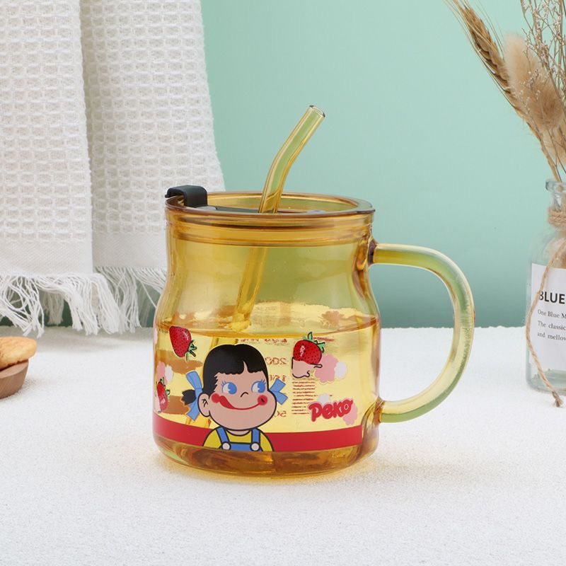 网红水杯家用喝水牛奶杯子带盖套装可爱大肚玻璃杯饮料果汁吸管杯