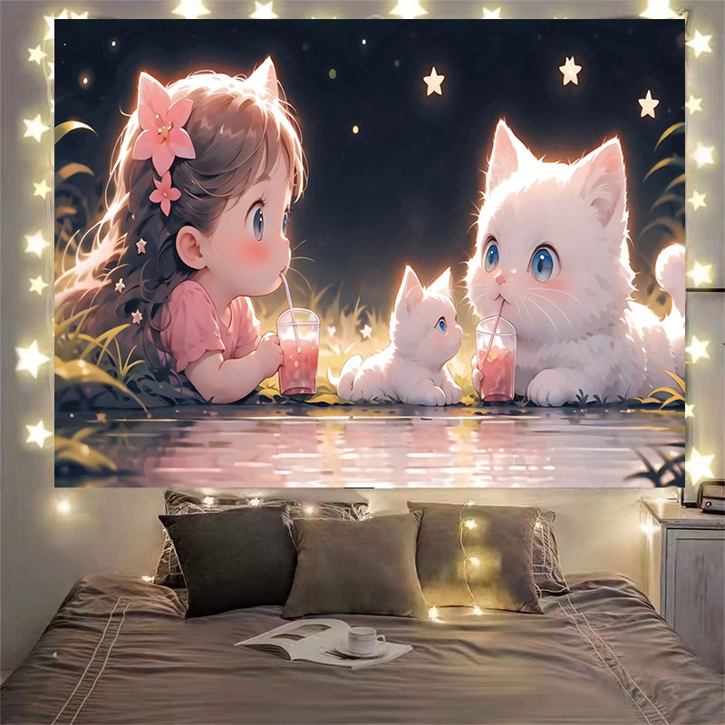 动漫插画猫咪背景布挂布装饰墙布
